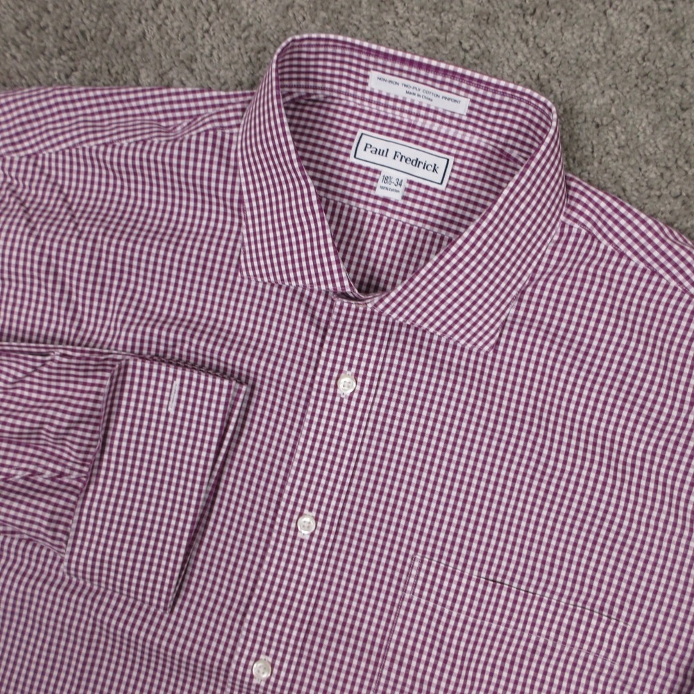 Paul Fredrick Shirt Mens 2XL 18.5 34 Purple Gingham Check Dress French Cuff NEW